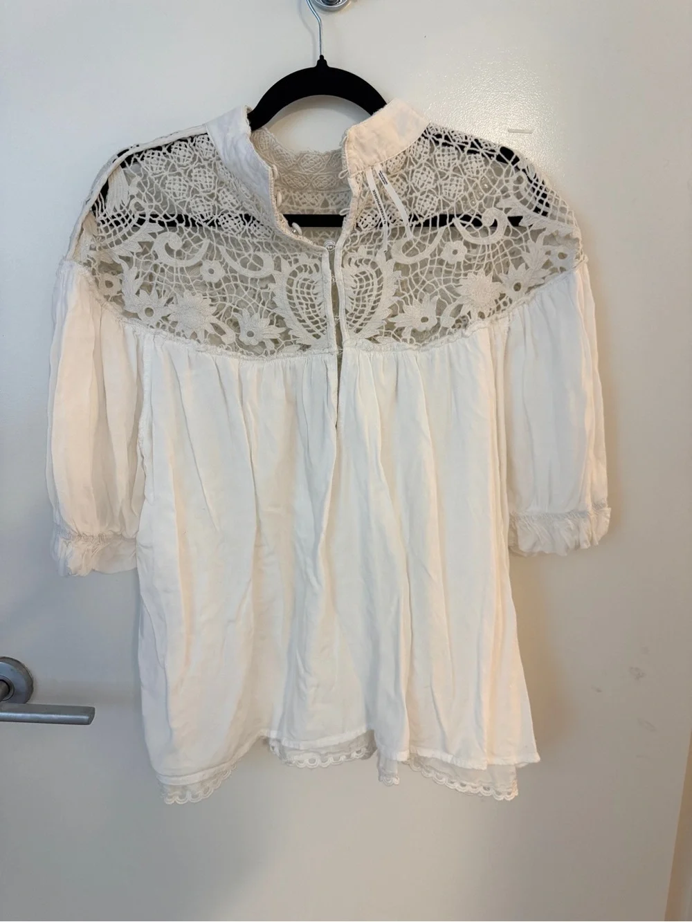 Anthropologie White Crochet Lace Yoke Boho Blouse Size Large